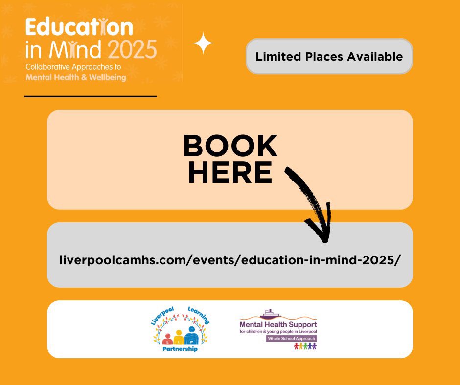 LivCYPMHealth's tweet photo. Hosted by @llpartnership  the Education in Mind conference will be a full-day event dedicated to advancing mental health &amp; wellbeing in schools.
FREE place for each Liverpool school 
📆13/11/2025 9:00 am - 4:00 pm
📍Liverpool Guild of Students
Book here > https://t.co/sfCw83BLdC https://t.co/peGA9leo57