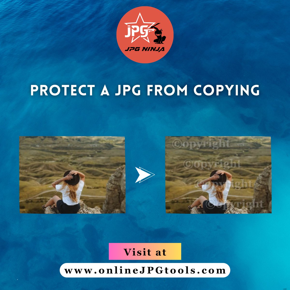 jpgninja2024's tweet image. This example protects a JPG image of a girl sitting on the rocks from unauthorized copying.  

Try our Tool: onlinejpgtools.com/watermark-jpg 

#browserling #watermark #imageprotection #contentsecurity #digitalrights #photography #branding #creatorsupport #visualidentity