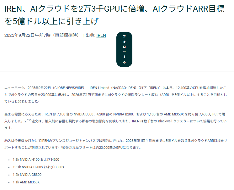 takede3's tweet photo. IREN
12,400台のGPUの追加調達を発表し、GPUの総数を約23,000台に拡張🙌😸
2026年1QにAIクラウド事業のARRの目標を5億ドル以上に!
2025年4QのAIクラウドのARR目標が2~2.5億ドルなので4半期で倍増させる目標になるね
これはまだ始まりに過ぎないぞ🔥😾 https://t.co/HSWFfgBNh4
