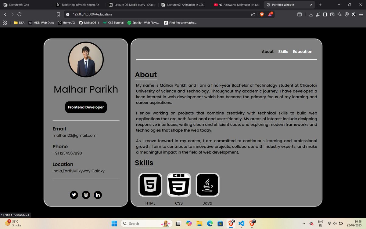 codewithmalhar's tweet image. Completed project @rohit_negi9 bhaiya posted, I know it is very simple and not perfect but after watching today's tutorial i will recreate.
Check out :
portfolio-malharparikh.netlify.app
Thank you @rohit_negi9 and @adityatandon02 for providing this course.
#learnInpublic #coderarmy