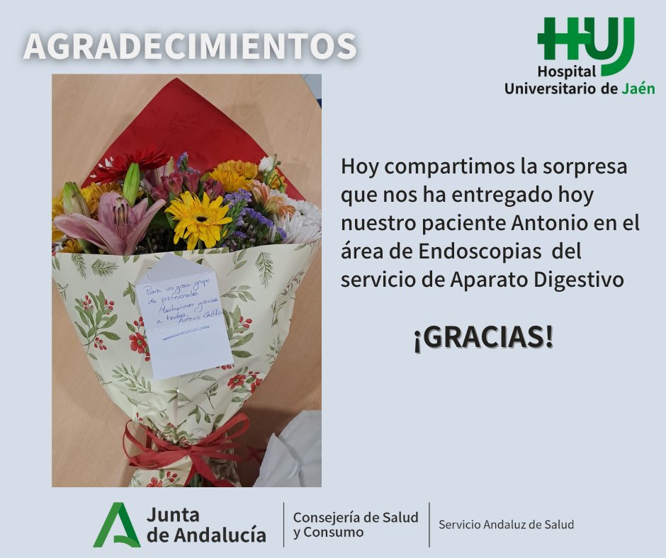 ¡Gracias Antonio por este gesto hacia el servicio de Endoscopias de Aparato Digestivo del <a href="/HospitalJaen/">Hospital Universitario de Jaén</a>  !
#hujsemueve
<a href="/saludand/">Consejería de Salud y Consumo</a> 
<a href="/Saludand_Jaen/">Delegación Territorial de Salud y Consumo en Jaén</a> 
<a href="/HumanizAndal/">HumanizAndalucía</a>