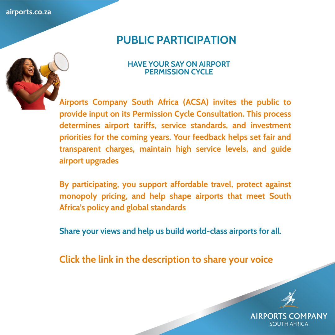 📣 Your voice matters! ✨

Help shape the future of ACSA’s operations, share your voice to ensure a fair and transparent Permission Application process for 2027–2031. 📝✈

🔗 Click here to share your voice: https:  forms.office.com/r/g7yPz47tcj

#ACSA #ACSAllence #PermissionCycle