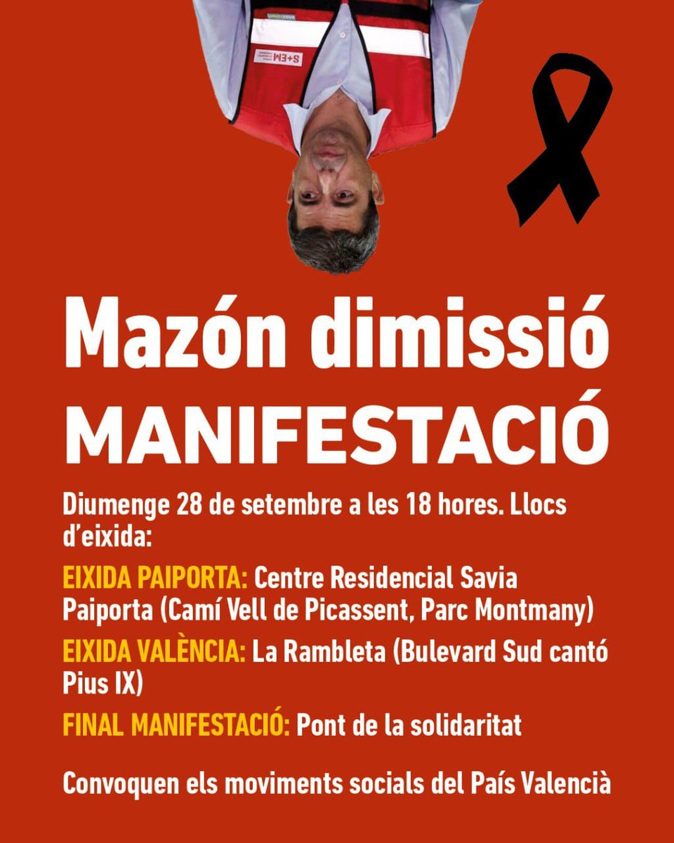 Prop de l'aniversari del desastre, ens citem en un lloc molt especial per cridar de nou: #MazónDimissió! 📢

📅 Diumenge 28 de setembre
🕕 18 h

Eixida des de dues columnes:
📍 Paiporta, Centre Residencial Savia
📍 València, La Rambleta
