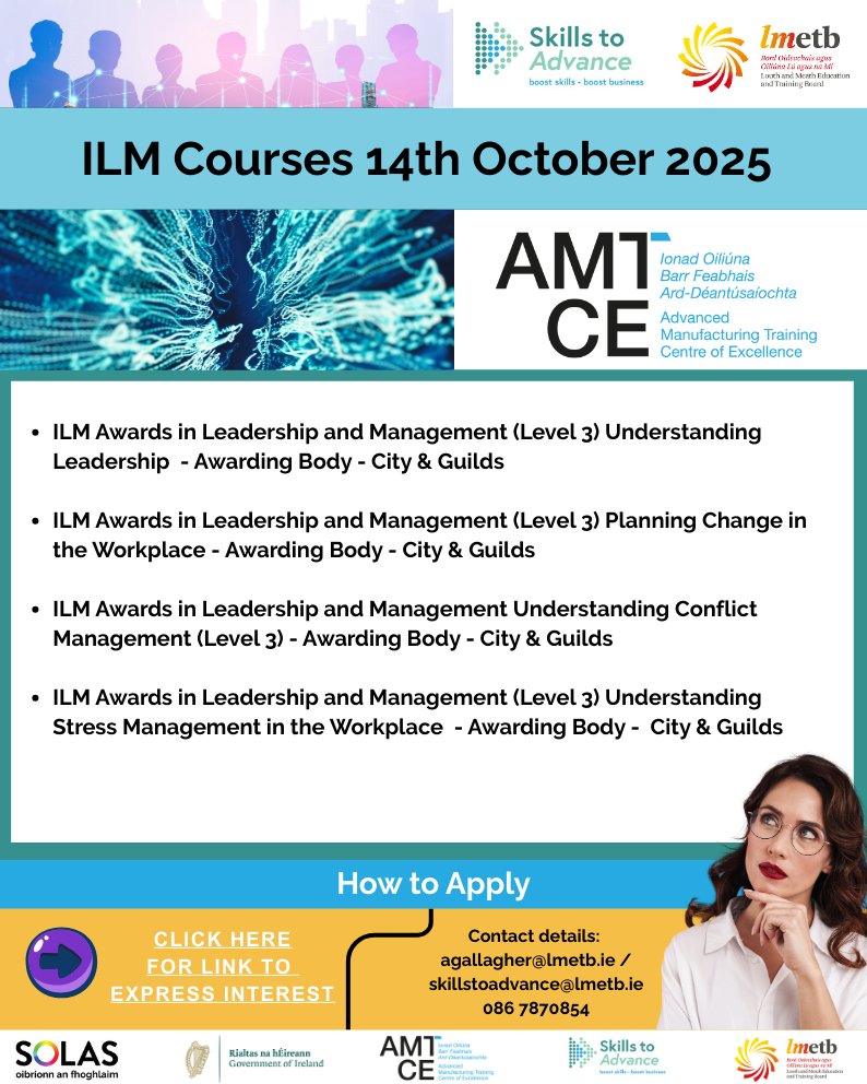 Skills to Advance LMETB (@lmetbie) on Twitter photo 🚨 Starts 14th Oct 2025! 🚨 
Boost your career with ILM Level 3 Awards in Leadership & Management – certified by City & Guilds 💼
Courses: 
🔹 Leadership 
🔹 Change Planning 
🔹 Conflict Mgmt 
🔹 Stress Mgmt 
Held at AMTCE
#ILM #Leadership #AMTCE #CityAndGuilds #CareerGrowth 🚨 Starts 14th Oct 2025! 🚨 
Boost your career with ILM Level 3 Awards in Leadership & Management – certified by City & Guilds 💼
Courses: 
🔹 Leadership 
🔹 Change Planning 
🔹 Conflict Mgmt 
🔹 Stress Mgmt 
Held at AMTCE
#ILM #Leadership #AMTCE #CityAndGuilds #CareerGrowth