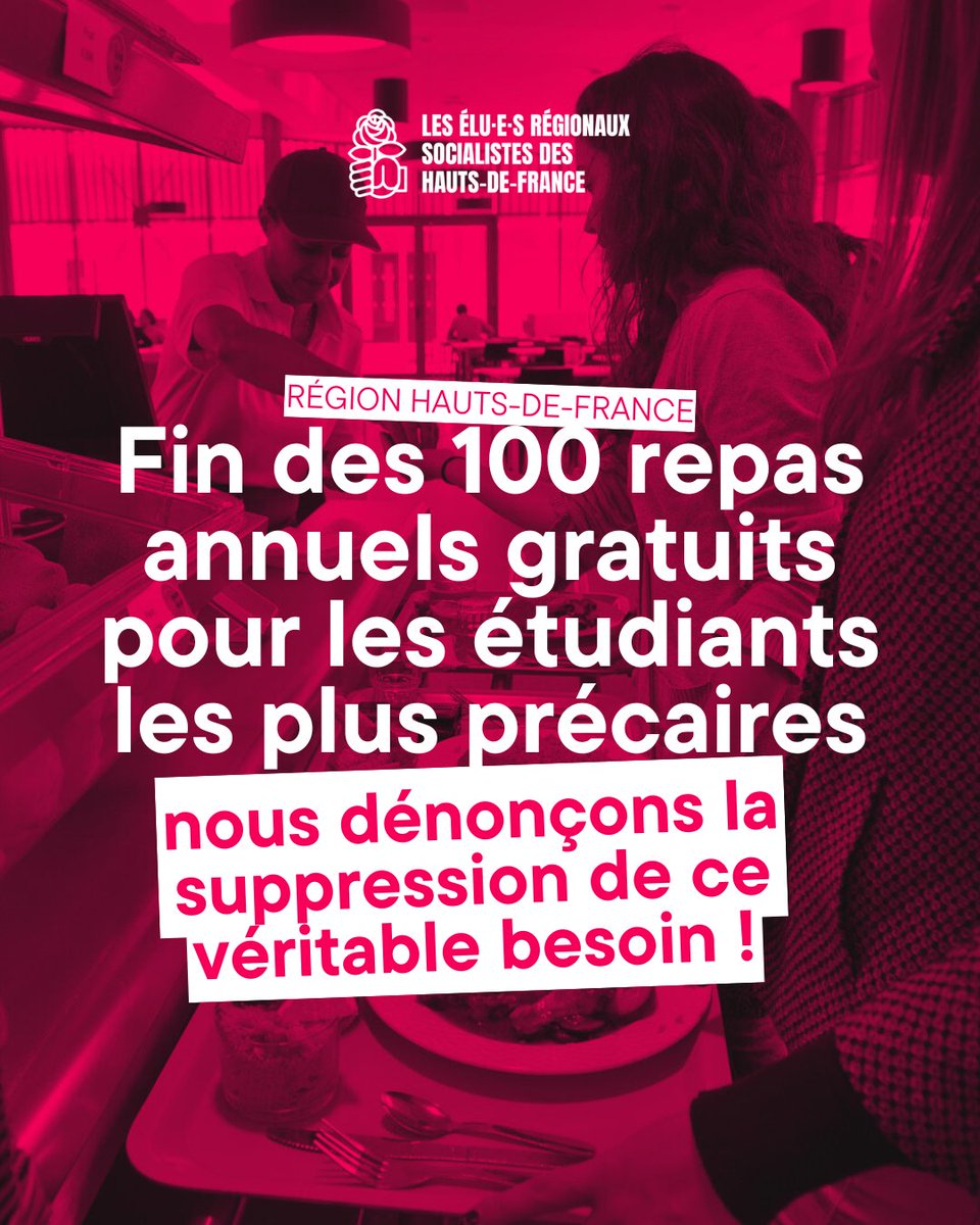 ❌️  Xavier Bertrand et sa majorité ont choisi de supprimer l'aide des 100 repas gratuits pour les étudiants au profit d’un fond d’urgence contraignant et excluant.

Une décision politique claire : tourner le dos à la solidarité et abandonner les jeunes face à la précarité !