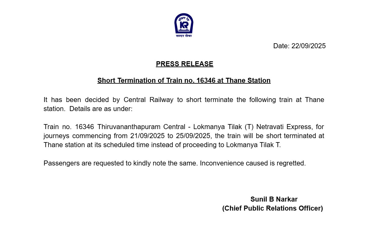 Short Termination of Train no. 16346 at Thane Station