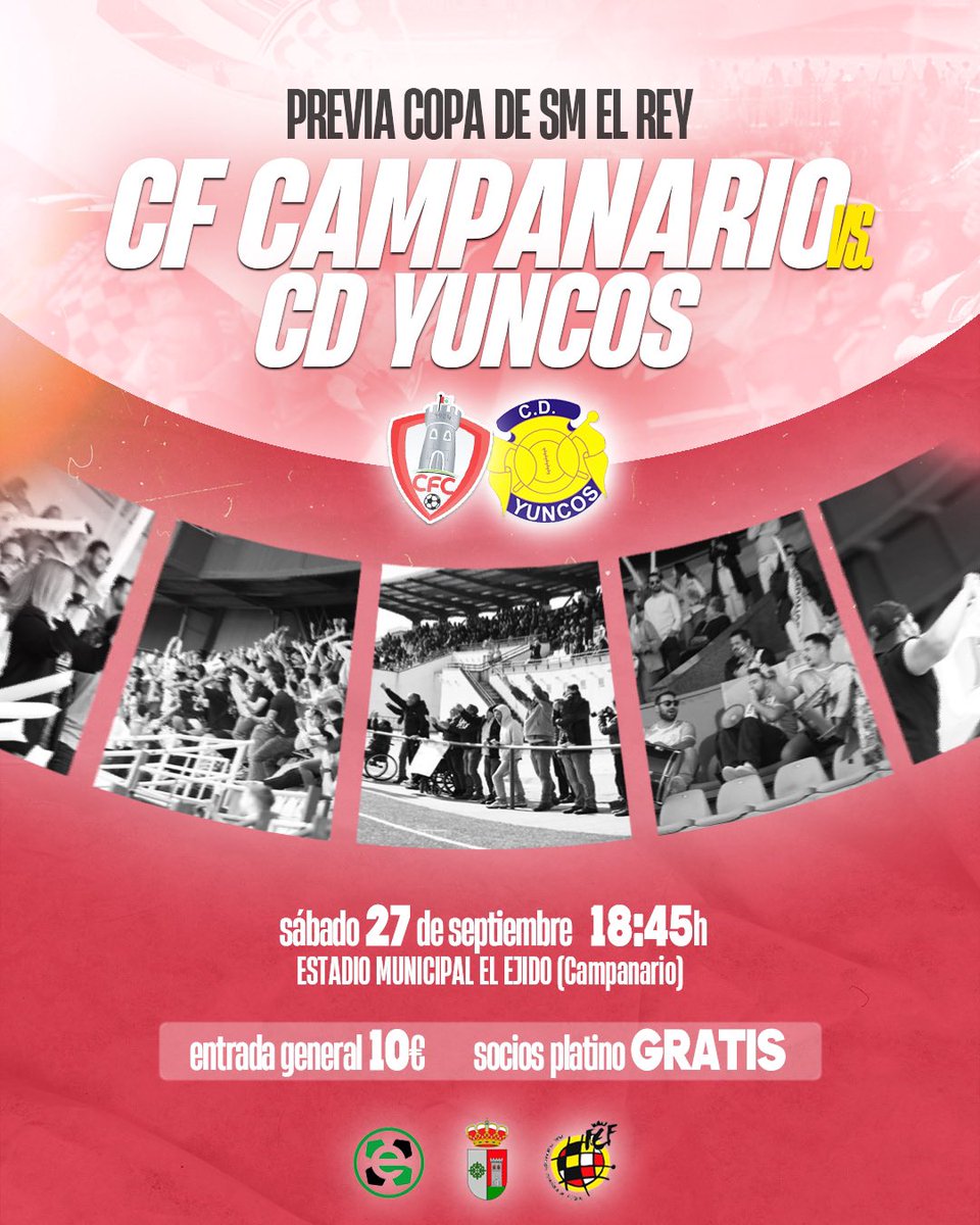 PREVIA COPA DEL REY | 🏆

📍 Campo Municipal El Ejido 
📅 Sábado, 27 de Septiembre
🕛 18:45h
🆚 CD Yuncos
🎟️ Entrada general: 10€ | Socios platino: gratis

👉🏼 Entrada por la puerta principal.

⚠️ Se ruega acudir con antelación para evitar colas en los accesos.

#vamoscampa🔴🔴