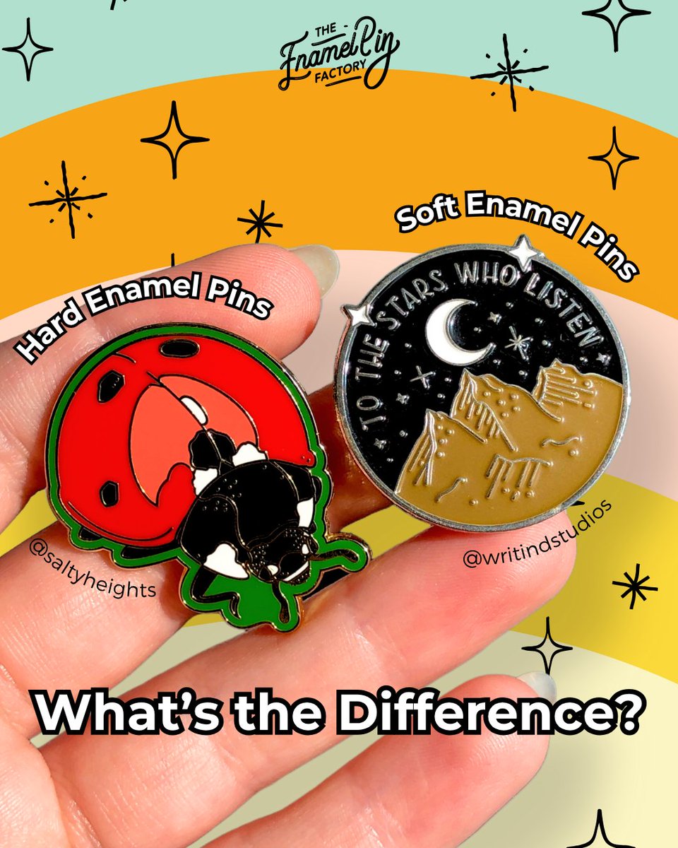 PinFactory's tweet photo. You’ve got your design sorted and you’re ready to turn them into enamel pins... so what’s next? 🤔
Deciding between Soft & Hard Enamel..
Pins in 1st slide by @saltyheights & @writindstudios
#enamelpin #hardenamelpin #softenamelpin #pin #illustrationartists #custompins https://t.co/evywdqFrei