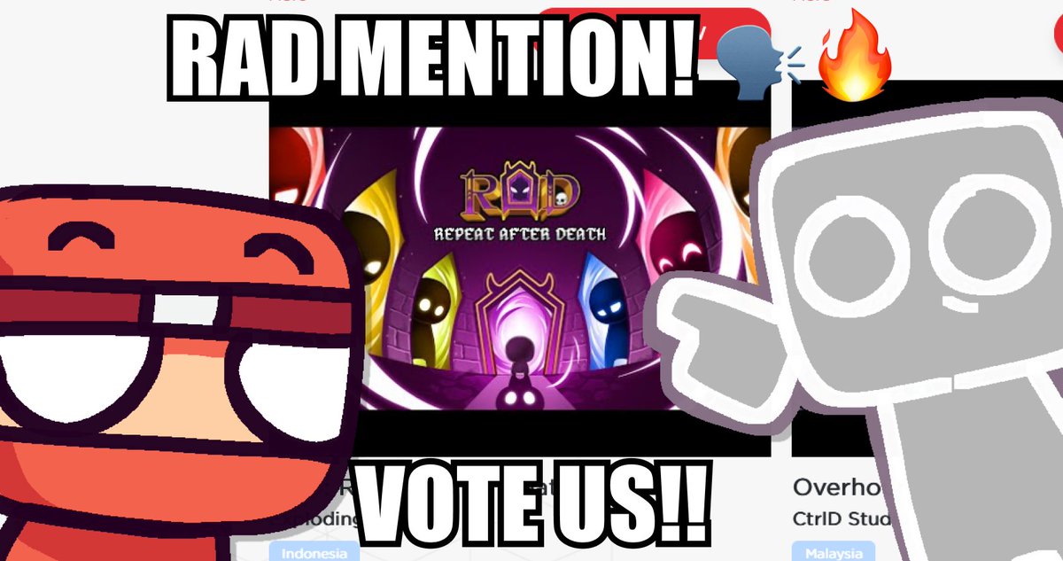 ExplodingSoes's tweet image. ADA RAD CUY??! 🗣🔥🔥
That's right! We're currently participating in Level Up KL SEA Game Awards for Audience choice awards and we need YOUR HELP to vote for our game!
You can cast your vote here :
mdec.my/levelupkl/sea-…
#RepeatAfterDeath #LevelUpKL #SEAGameAwards