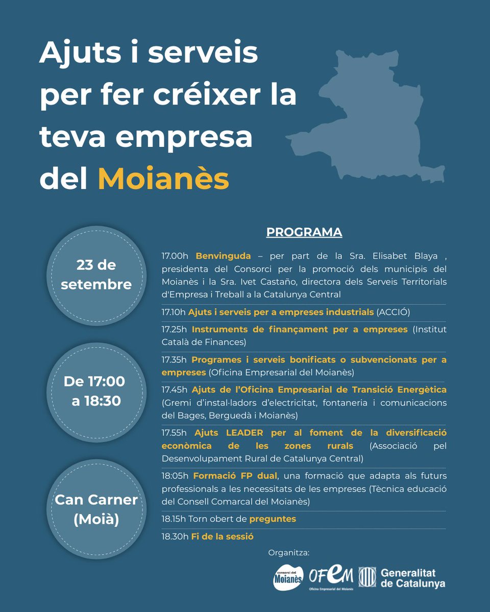 📍Demà és la sessió d'ajuts i serveis per empreses del Moianès!
🔗Inscriu-t'hi ara: consorcidelmoianes.cat/format-al-moia…
