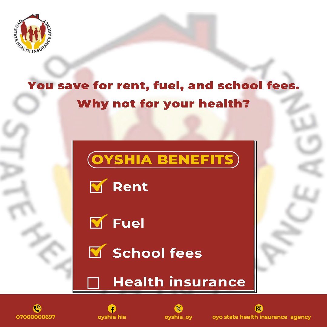 You plan for rent, fuel &amp; school fees…
But what about your health? 

For just ₦18,250/year, OYSHIA covers your care; checkups, meds, surgeries &amp; more.

👉 Send us a DM today to start saving on hospital bills.

#OYSHIAcares 
#EnrollNow
#OyshiaDeIrorunde
#Oyshia