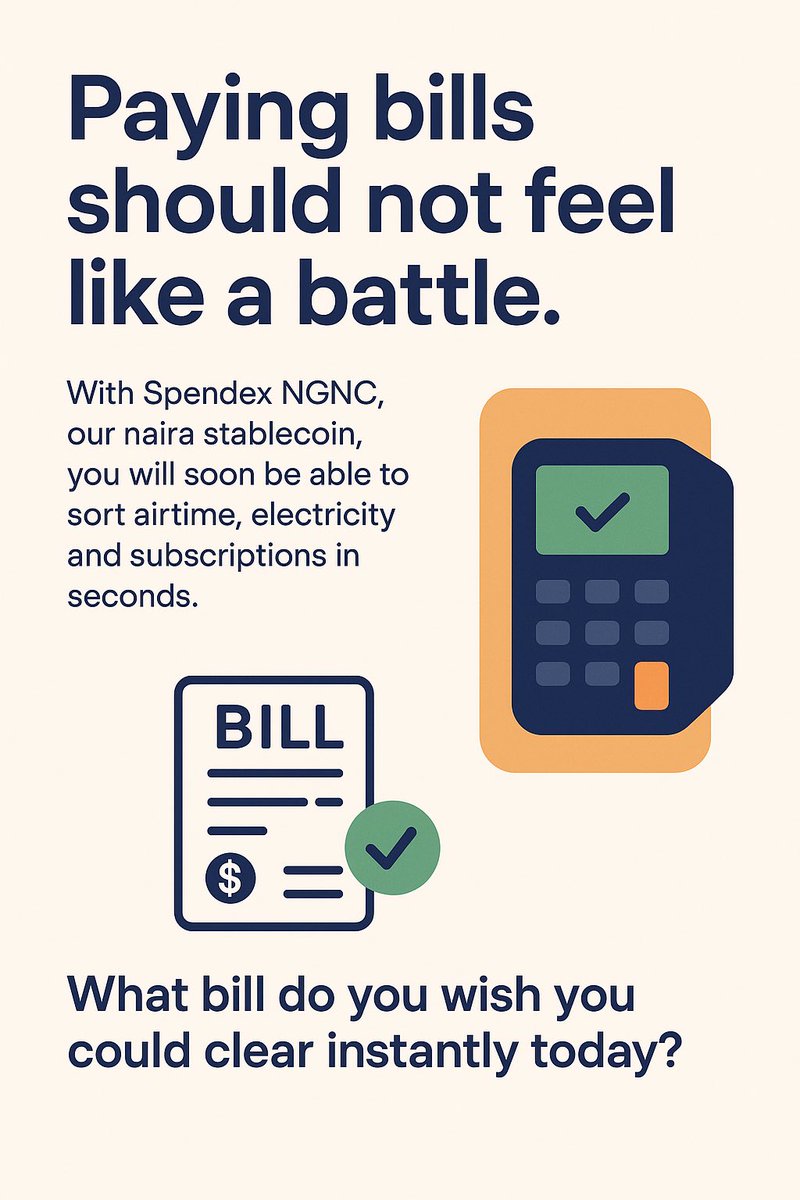 Paying bills should not feel like a battle.

With Spendex NGNC, our naira stablecoin, you will soon be able to sort airtime, electricity and subscriptions in seconds. No queues, no delays, no stress.

Everyday payments made simple. That is what Spendex is all about.
#Spendex