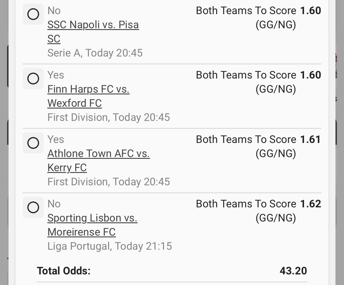 Monday madness 🔥🤩
BTTS ⚽️

Kick off: 19:00 ⏰
Code: BW13492D5A 💣
Odds: 43.20 💥