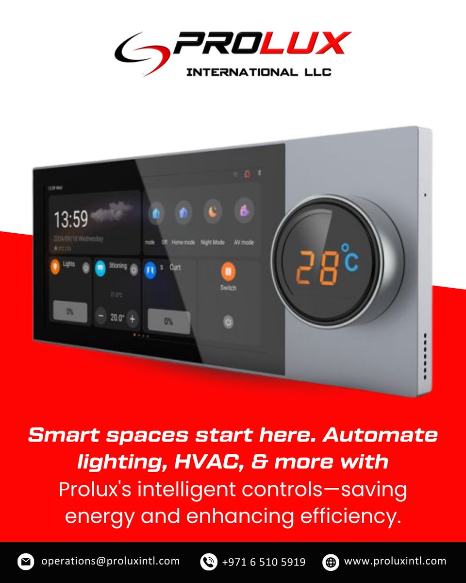 proluxintl's tweet image. Create the perfect smart space with Prolux’s intelligent controls.

Visit us at proluxintl.com
| Email: operations@proluxintl.com
| 📞 +971 6 510 5919

#SmartHome #IntelligentControls #EnergyEfficiency #HVAC #HomeAutomation #Prolux #SmartSpaces #TechInHome #EnergySaving