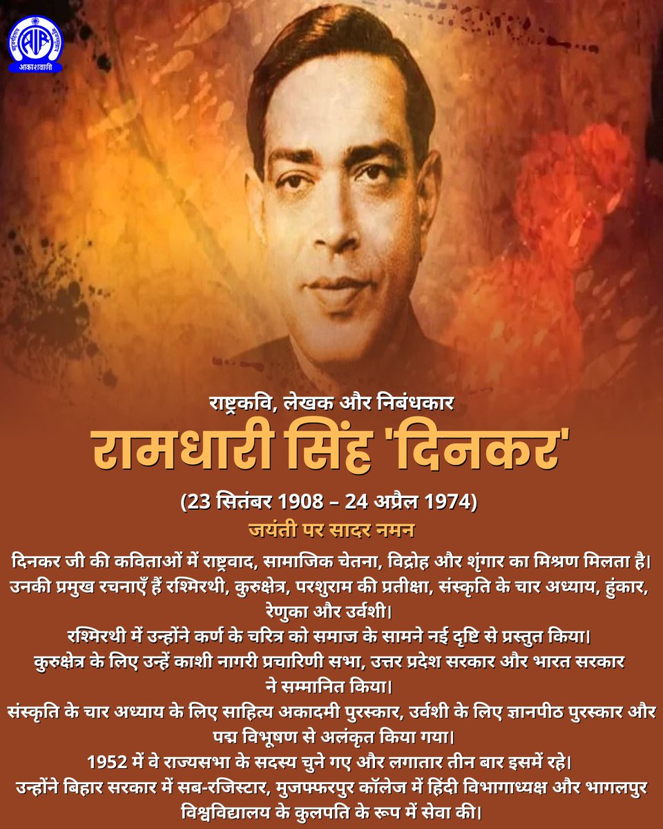 राष्ट्रीयता का भाव जगाने वाले राष्ट्रकवि #रामधारी_सिंह_दिनकर  साहित्य के सशक्त हस्ताक्षर हैं. उनकी क़लम से झरते शब्दों में ‘दिनकर’ यानी सूरज की आभा थी. उनकी कविताओ में ओज,आक्रोश, विद्रोह और क्रान्ति की पुकार भी है और श्रृंगारिक भावनाओं की कोमल अभिव्यक्ति भी. 

 जयन्ती पर सादर