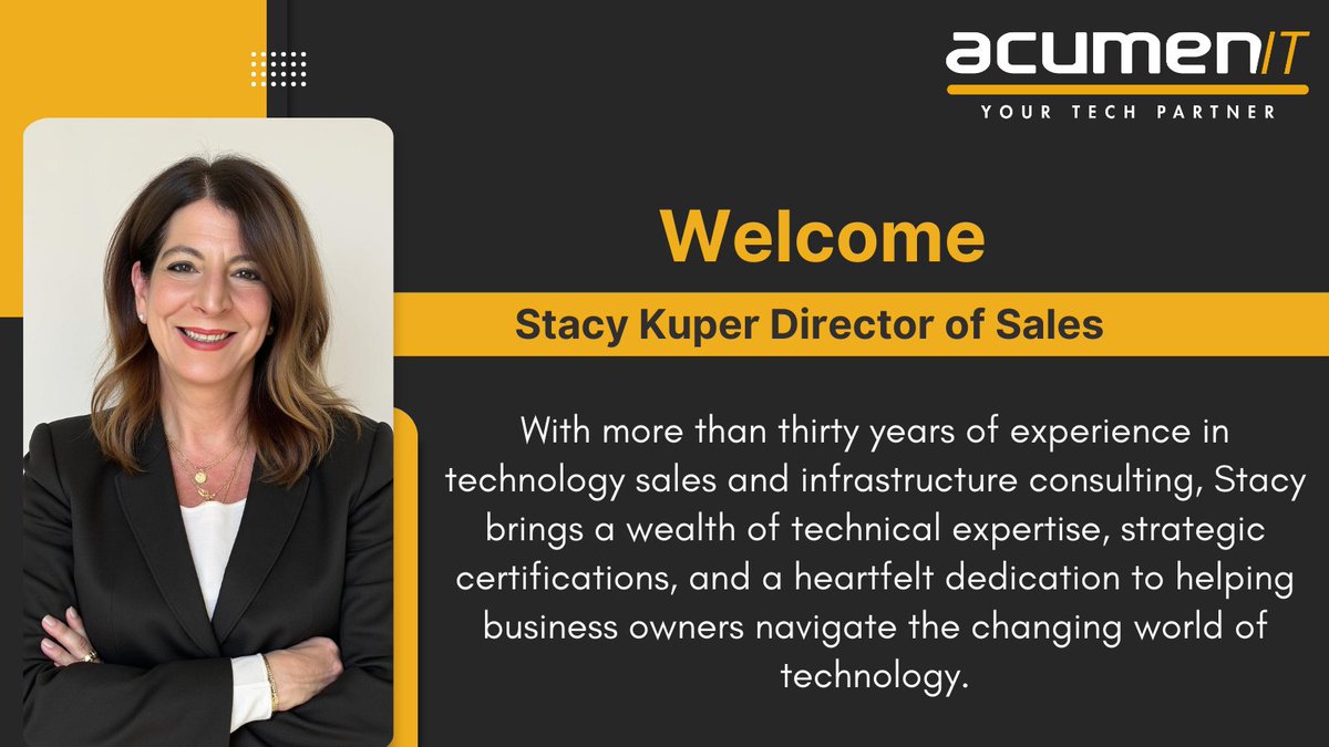 AcumenIT's tweet photo. We are thrilled to welcome Stacy Kuper to our team as the new Director of Sales. Stacy brings a wealth of experience and a passion for excellence that will help our clients to continue to grow and succeed. Join us in giving Stacy a warm welcome!
#AcumenIT https://t.co/YPeUX25BS1