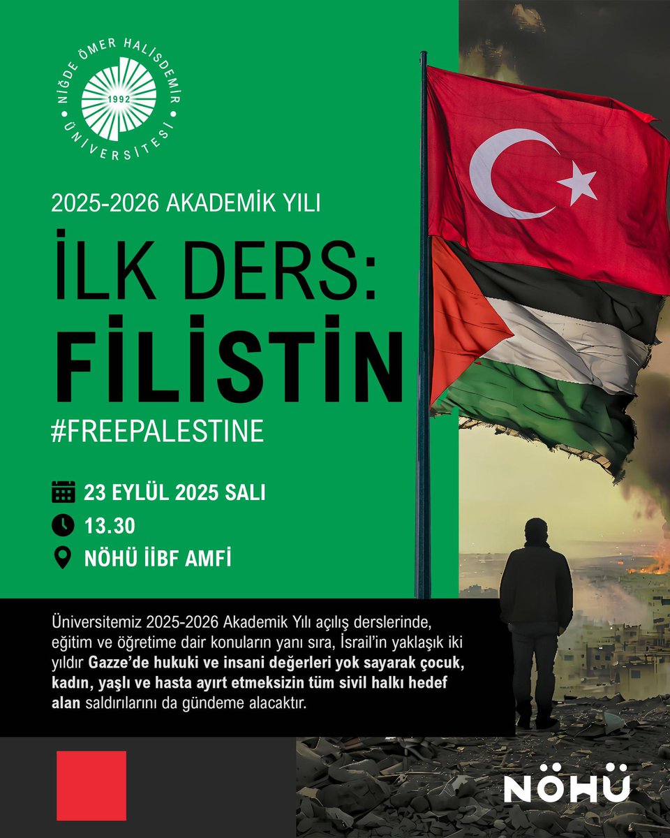 Üniversitemizde yılın ilk ders konusu Gazze'deki insanlık dramı olacak...

Dersimize tüm öğrencilerimizi, personelimizi ve hemşehrilerimizi bekleriz🇹🇷🇵🇸

#NÖHÜ
#Niğde