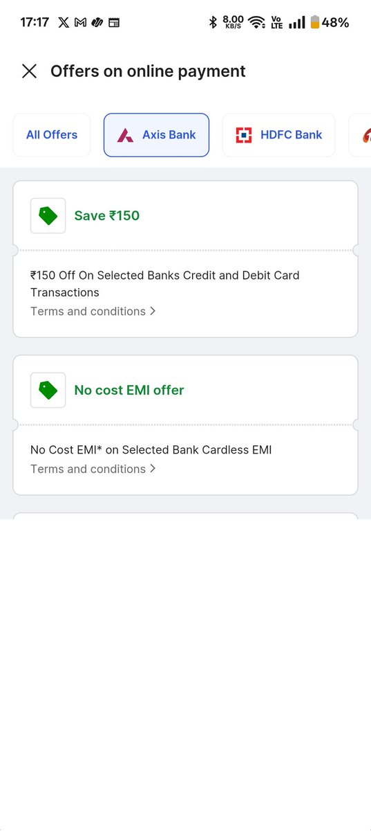 dharma61367324's tweet photo. So I have scamcart plus and when I try to order this phone which have 2.1k rs discount on axis , icici , state bank credit cards so I'm the payment page when we enter card details 150rs discount is applied  not 2k , i tried with all credit cards. , other product  offer is working https://t.co/hxkUjv5k0M