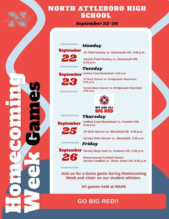 We hope to see everyone at Friday's Homecoming  Game - Go Big Red!