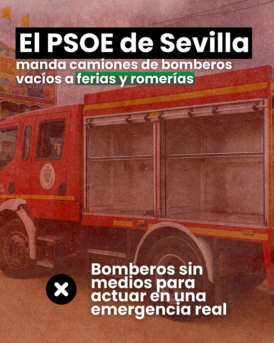 𝗖𝗮𝗺𝗶𝗼𝗻𝗲𝘀 𝗱𝗲 𝗯𝗼𝗺𝗯𝗲𝗿𝗼𝘀 𝘃𝗮𝗰í𝗼𝘀 𝗲𝗻 𝗳𝗲𝗿𝗶𝗮𝘀 𝘆 𝗿𝗼𝗺𝗲𝗿í𝗮𝘀 🚨

Mientras la Diputación del PSOE presume de retenes, los camiones están 𝘃𝗮𝗰í𝗼𝘀, 𝘀𝗶𝗻 𝗲𝘀𝗰𝗮𝗹𝗲𝗿𝗮𝘀, 𝘀𝗶𝗻 𝗵𝗲𝗿𝗿𝗮𝗺𝗶𝗲𝗻𝘁𝗮𝘀 𝘆 𝘀𝗶𝗻 𝗺𝗲𝗱𝗶𝗼𝘀.

👉 Si hay un