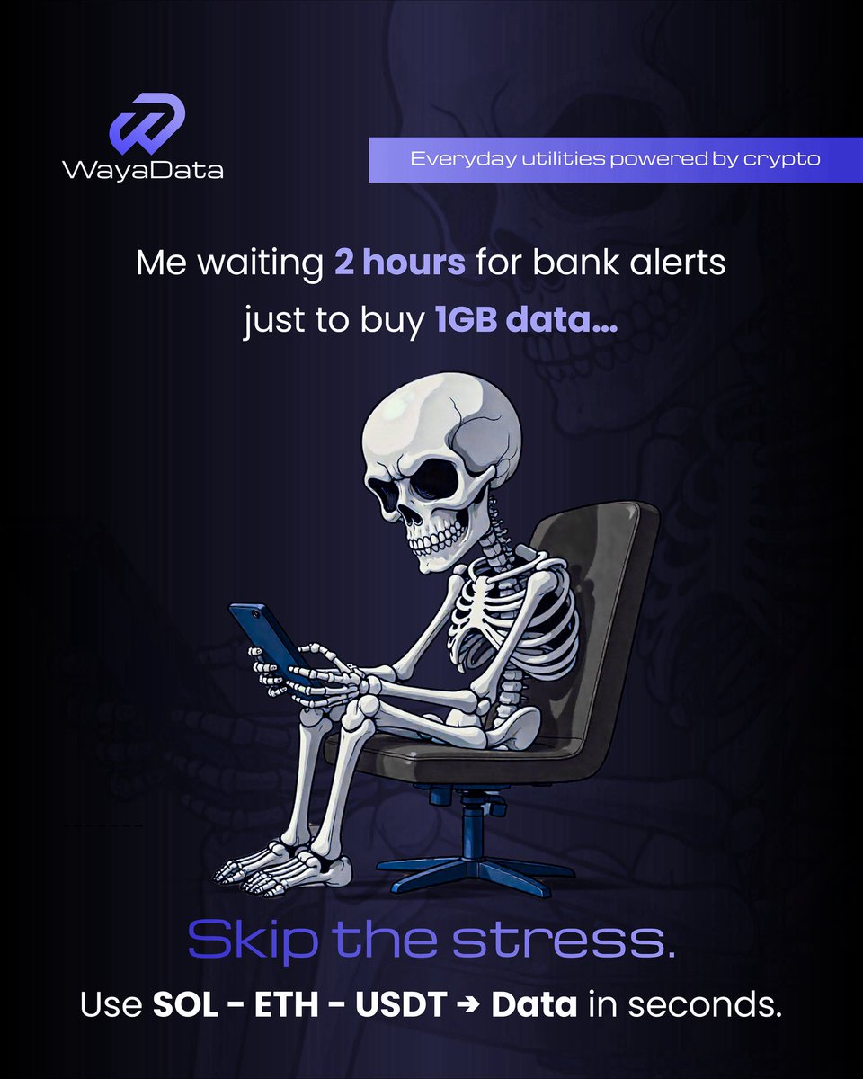 wayadatang's tweet image. Me waiting 2 hours for bank alerts just to buy 1GB data… 💀
Meanwhile, WayaData does it in seconds.

⚡ Skip the stress. Go SOL - ETH - USDT → Data, instantly.

Link in Bio🌏

#WayaData #CryptoMadeEasy #DataTopUp