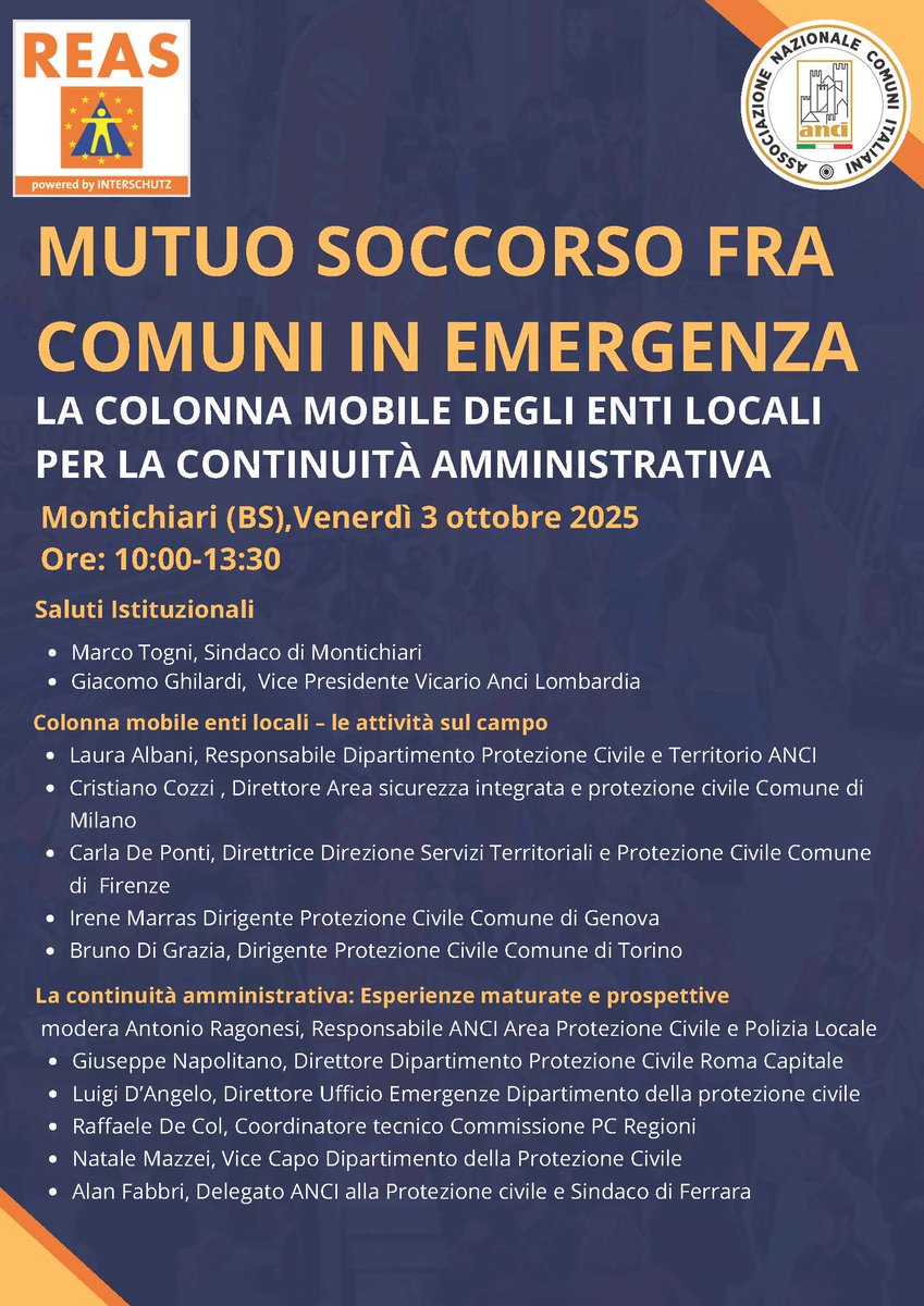 Saremo presenti al Salone Internazionale dell'Emergenza durante il Convegno "La Colonna Mobile degli Enti locali per la continuità amministrativa"
Seppur non tra i relatori porteremo il nostro contributo nelle situazioni che ci hanno visti coinvolti
 VENERDI 3 OTTOBRE – ore 10