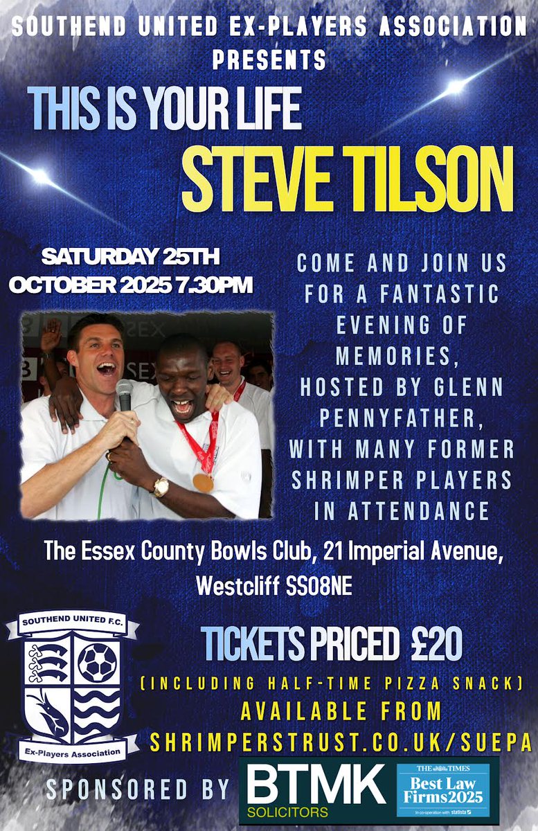 We are thrilled to announce the latest of our hugely successful 'evening with' events, this time with a twist! 'This Is Your Life Steve Tilson' celebrates the life of a true Shrimper legend, make sure of your place now! Details and tickets link are at:
shrimperstrust.co.uk/suepa/this-is-…