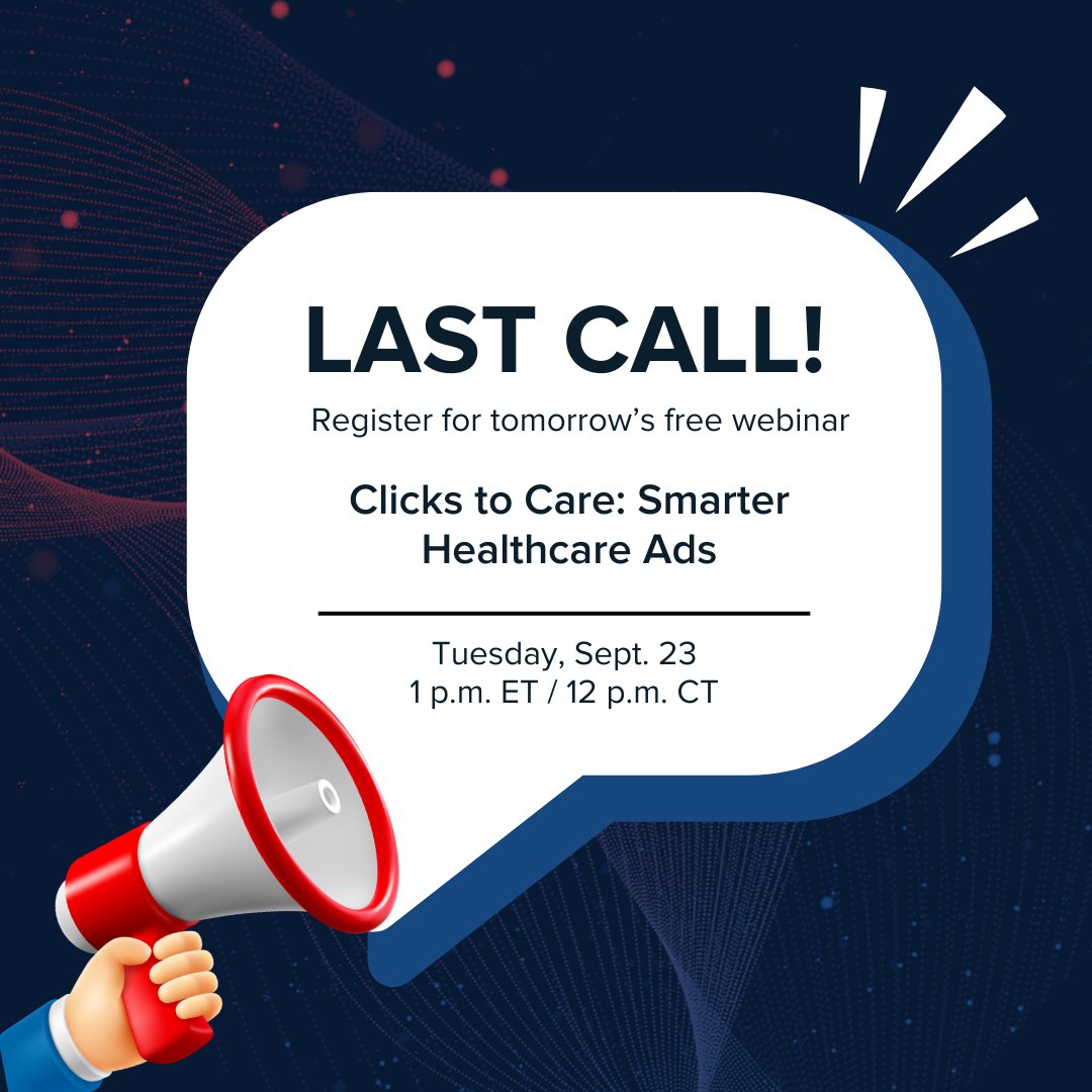 LAST CALL to register for Clicks to Care: Smarter Healthcare Ads! ️🚨 

Don’t miss out on the latest healthcare digital advertising insights tomorrow at 1 p.m. ET/12 p.m. CT. 

hubs.ly/Q03zLzPz0

#HealthcareMarketing #DigitalMarketing #DigitalAdvertising #Advertising