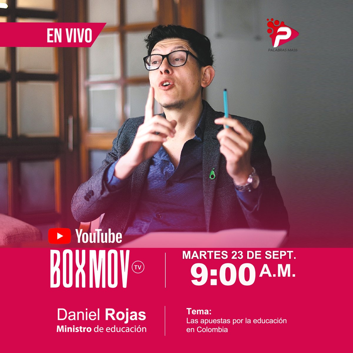 📚 La educación es el motor del cambio en Colombia.

🔴 En vivo, por <a href="/CanalBoxMov/">BoxMov</a>  | Este martes 23 de sept. a las 9:00 a.m. conversaremos con <a href="/DanielRMed/">Daniel Rojas Medellin</a>  Ministro de Educación <a href="/Mineducacion/">MinEducación</a> sobre las apuestas del gobierno <a href="/petrogustavo/">Gustavo Petro</a> en el sector educativo

👉 Conéctate