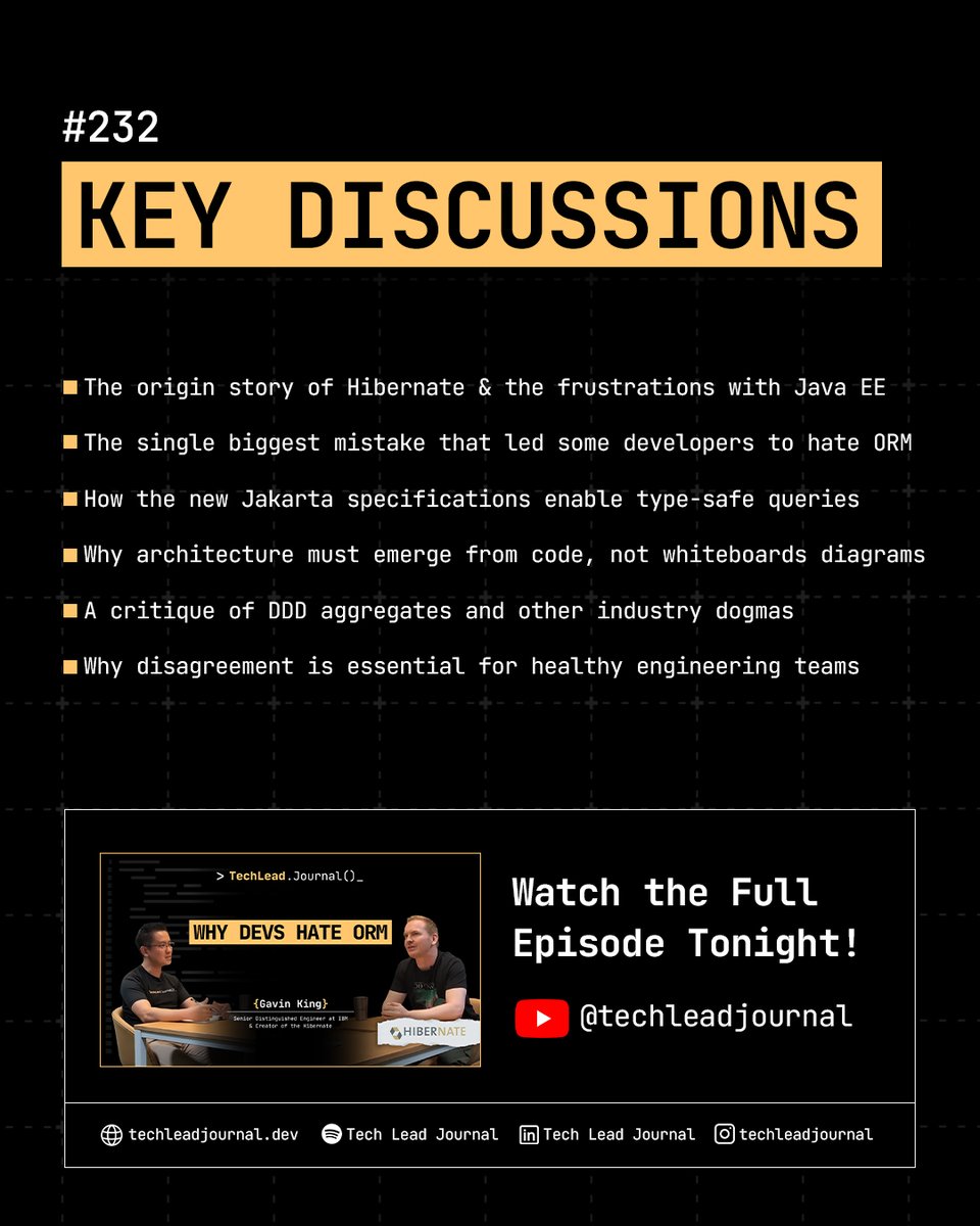 techleadjournal's tweet image. Why do devs hate ORM?
Hear from the creator of Hibernate, Gavin King @1ovthafew, on #TechLeadJournal 232.
Get the Hibernate origin story & the #1 mistake that made people hate ORM.
Premieres TONIGHT, Sep 22 @ 8PM GMT+8.
Watch full episode: youtu.be/v5leZRceMuM?si…
#Java #ORM