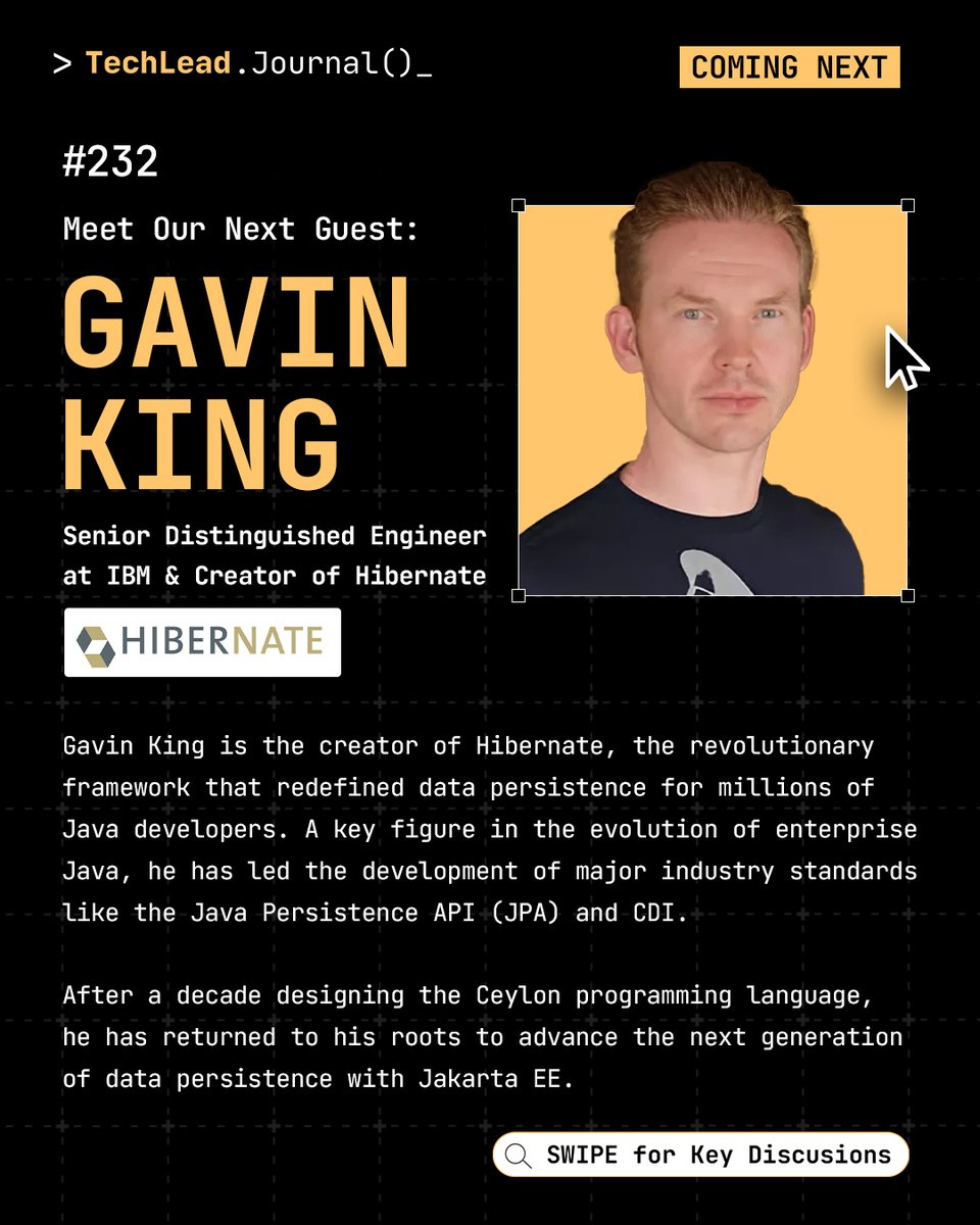 techleadjournal's tweet image. Why do devs hate ORM?
Hear from the creator of Hibernate, Gavin King @1ovthafew, on #TechLeadJournal 232.
Get the Hibernate origin story & the #1 mistake that made people hate ORM.
Premieres TONIGHT, Sep 22 @ 8PM GMT+8.
Watch full episode: youtu.be/v5leZRceMuM?si…
#Java #ORM