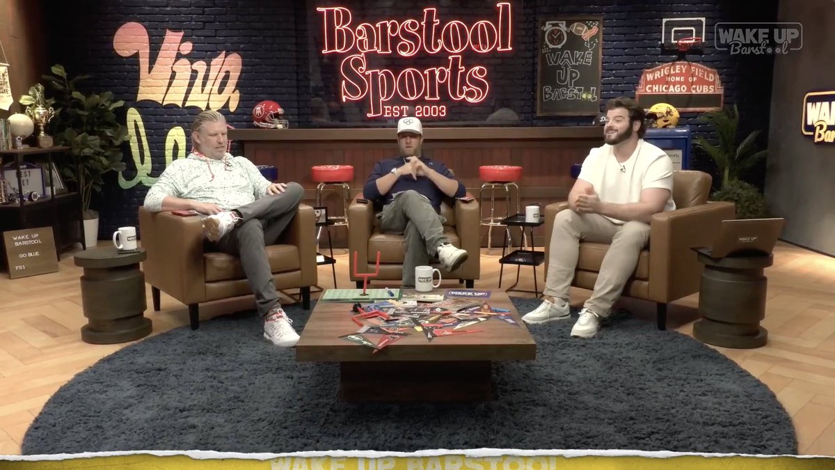 wakeupbarstool's tweet photo. Wake Up Barstool with @stoolpresidente, @TBob53 and @BFW is live now on @FS1 and streaming on FOX ONE https://t.co/9tmSXmROzf