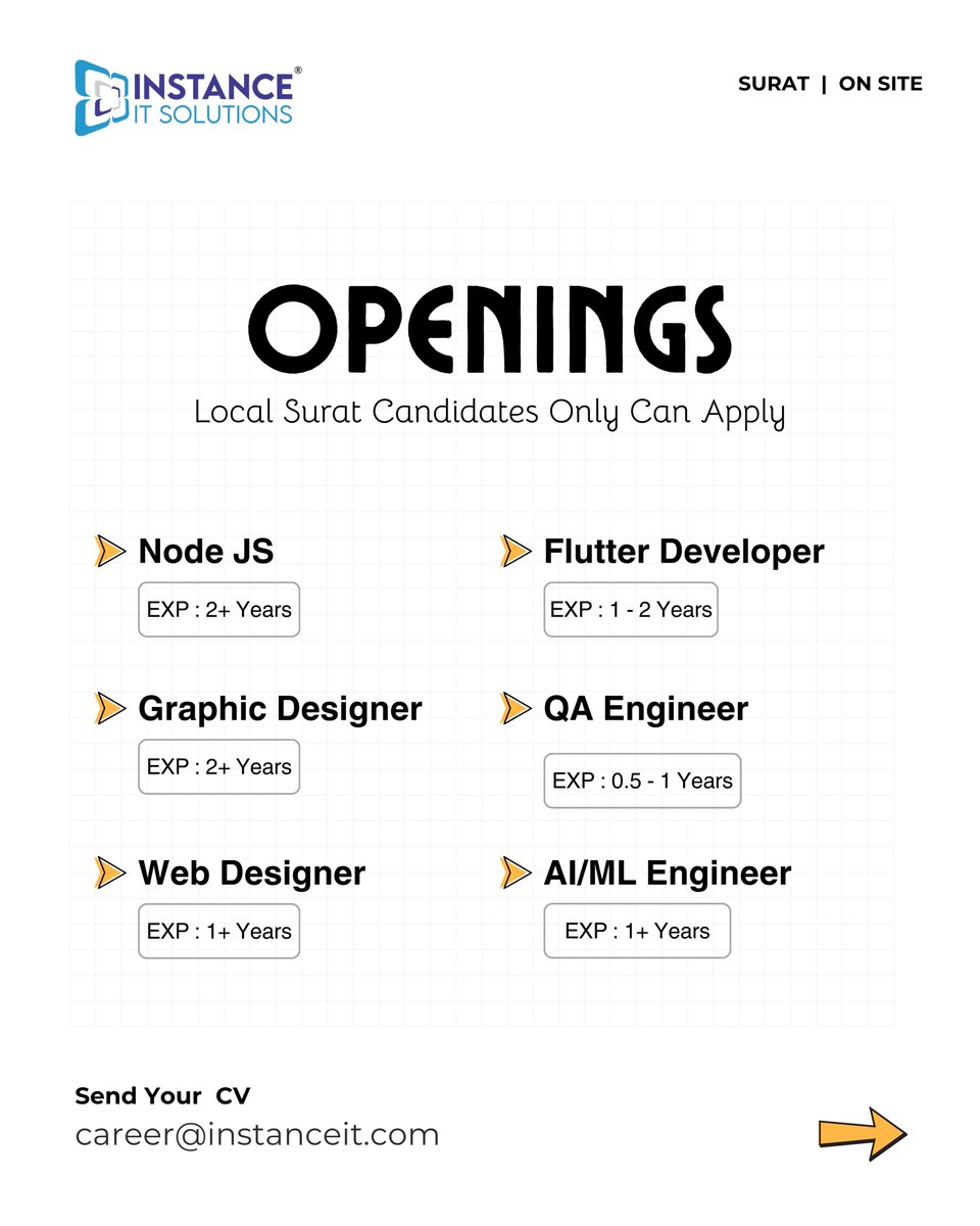 instance_it's tweet image. 💼 We’re Hiring in Surat – Multiple Openings! Join Instance IT Solutions and be part of our growing team!

📩 Send your CV: career@instanceit.com

#WeAreHiring #ITJobs #DeveloperJobs #DesignerJobs #QAJobs #SuratJobs #CareerGrowth #JoinOurTeam #InstanceITSolutions