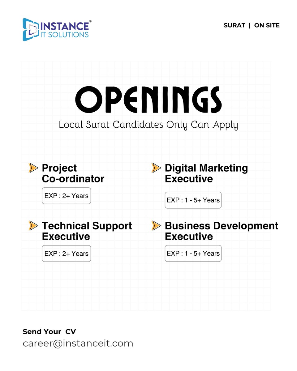 instance_it's tweet image. 💼 We’re Hiring in Surat – Multiple Openings! Join Instance IT Solutions and be part of our growing team!

📩 Send your CV: career@instanceit.com

#WeAreHiring #ITJobs #DeveloperJobs #DesignerJobs #QAJobs #SuratJobs #CareerGrowth #JoinOurTeam #InstanceITSolutions
