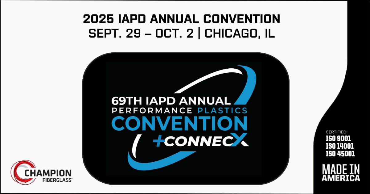 championfg's tweet photo. Join the Champion Fiberglassยฎ team at this year's @IAPD1956 convention! We're excited to experience four days of education, expert keynotes, the connecX trade show, and much more.
Learn more about this event - https://t.co/lgAB2mmWZ2
#PerformancePlastics #IAPDConvention https://t.co/WWI0ZnYsaA