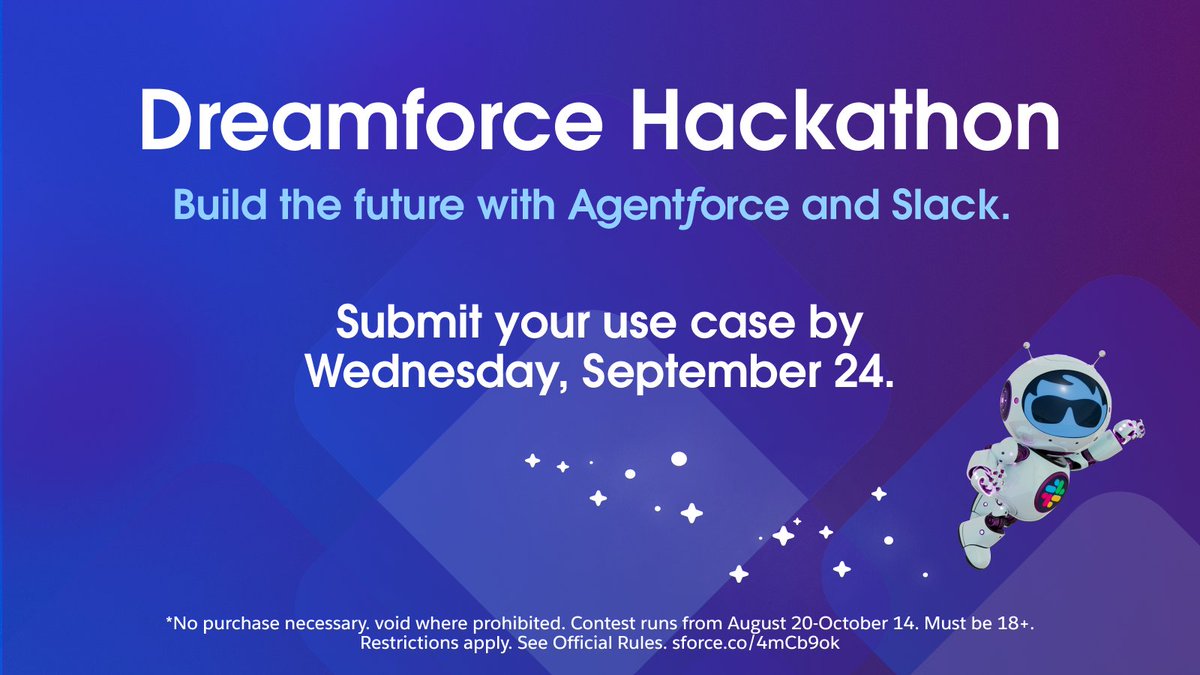 SalesforceDevs's tweet image. ⏳ Time’s almost up! Submit your @Dreamforce Hackathon use case by Sep 24, 4:59 p.m. PT.

 🚀 Build with Agentforce and Slack for the chance to pitch at #DF25 and go for the $100k Grand Prize.

Don&apos;t miss out 👉 sforce.co/dfhackathonfaq

 Terms apply. #SFContest