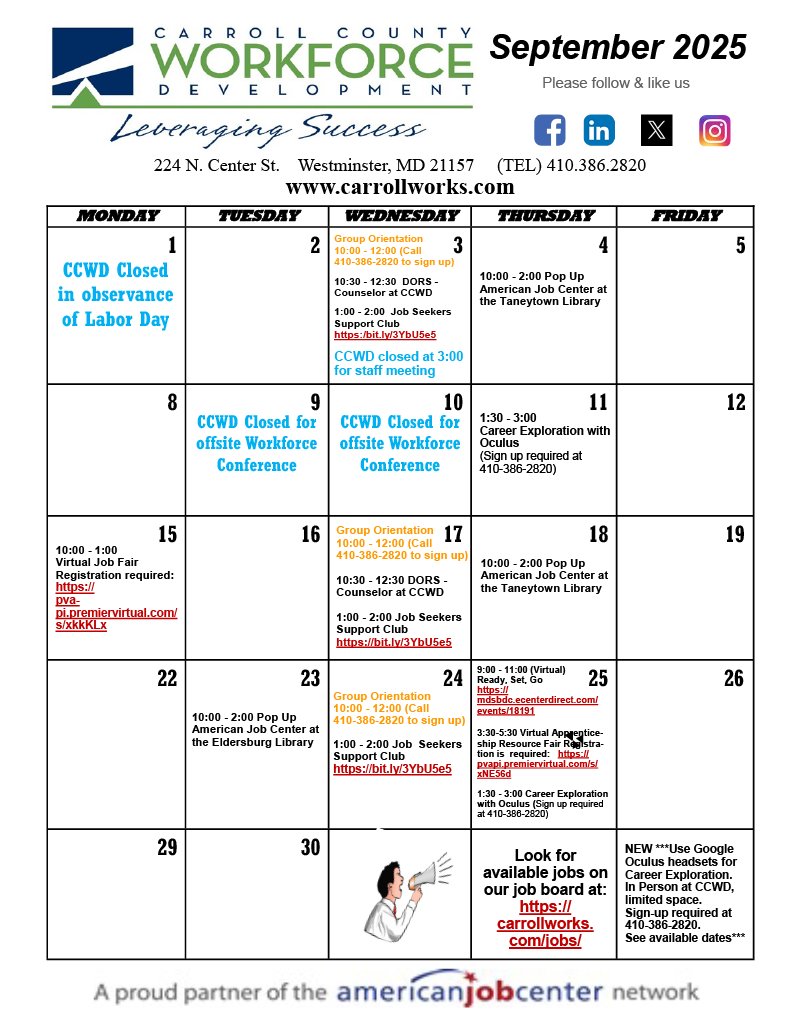 The Carroll County Workforce Development Calendar for September 2025 is now available. Check out the planned events, job fairs, and job center schedule.

For more information call 410-386-2820