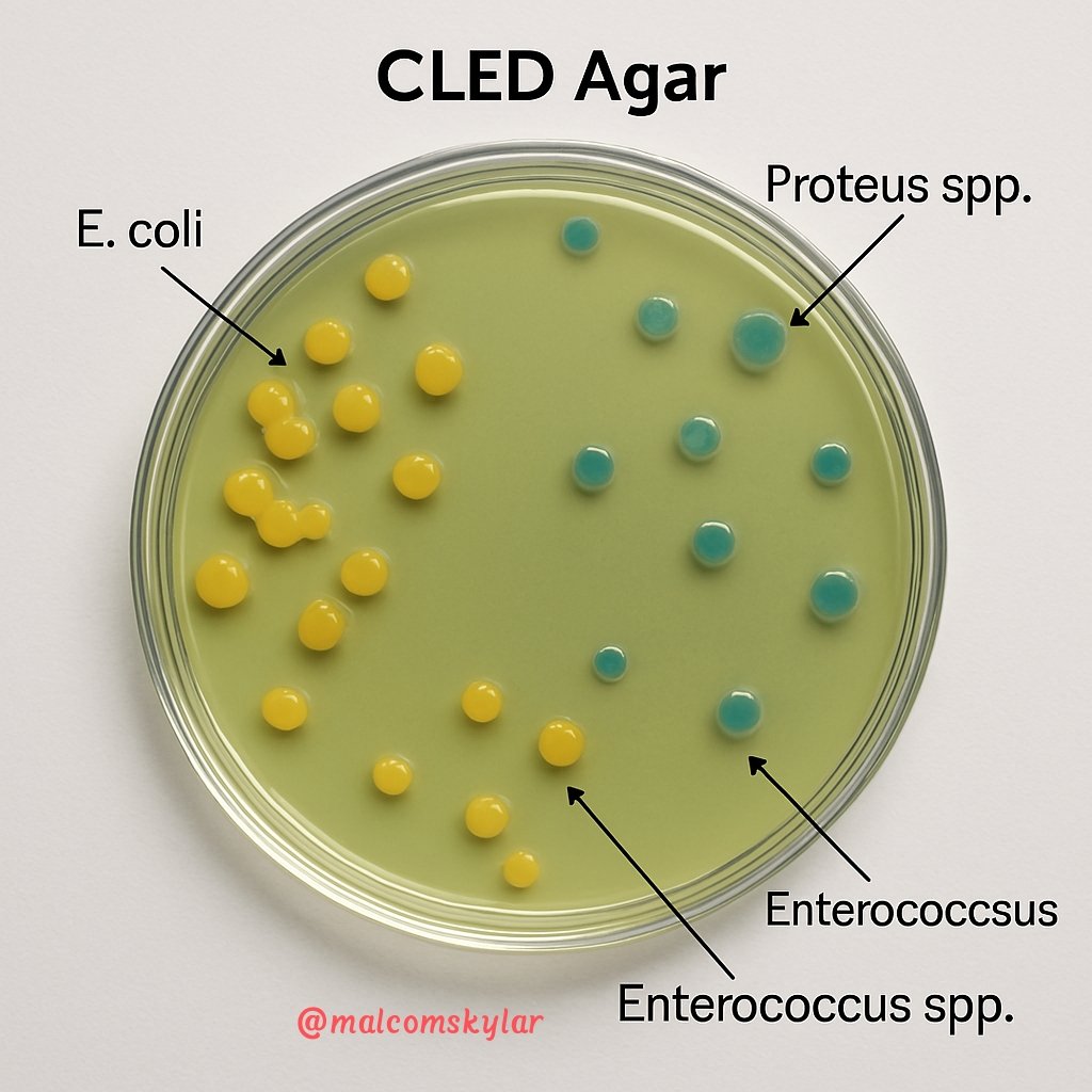 Malcomskylar's tweet image. 🧫 #CLED #Agar
Non-selective, differential medium used for:
  - Isolation and enumeration of #urinary #pathogens
  - Differentiation of #lactose fermenters vs non-fermenters
- Designed to prevent #swarming of #Proteus spp. by omitting electrolytes
#malcomskylar #microbiology