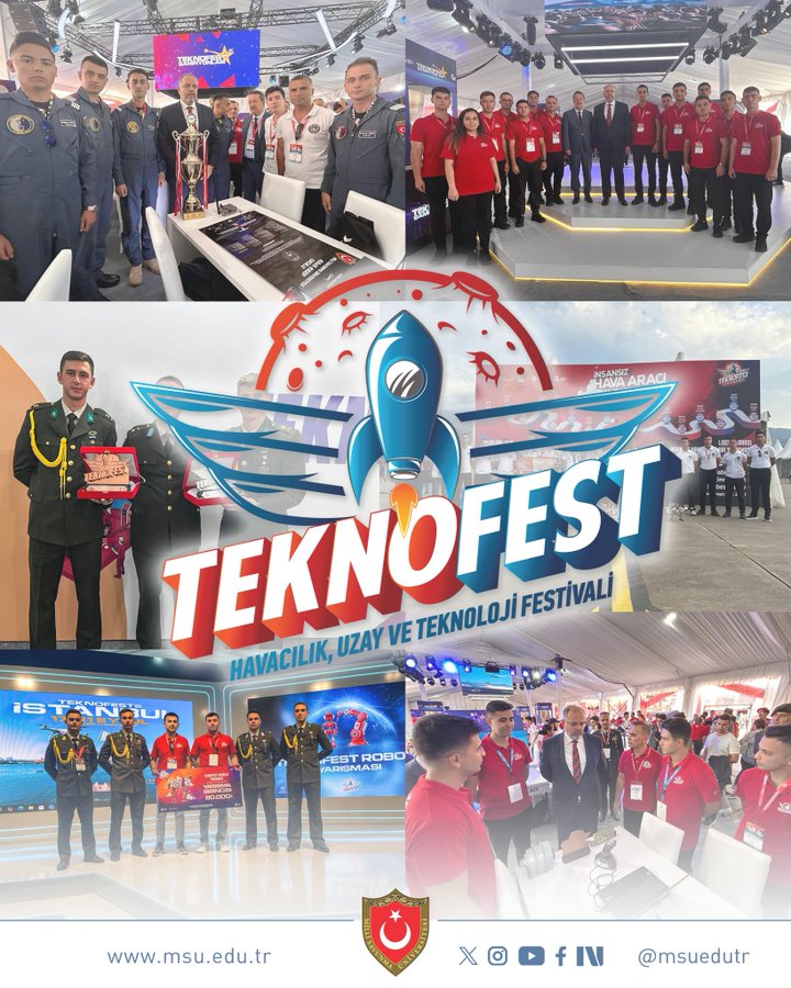 Multiple photos showing groups of people in red and blue uniforms standing together, some holding trophies and awards. A large rocket graphic with the text TEKNOFEST and Havacılık, Uzay ve Teknoloji Festivali is visible. Individuals in military attire are present, alongside a stage with a screen displaying text and a crowd of participants. A watermark with msuedutr and social media icons is at the bottom.
