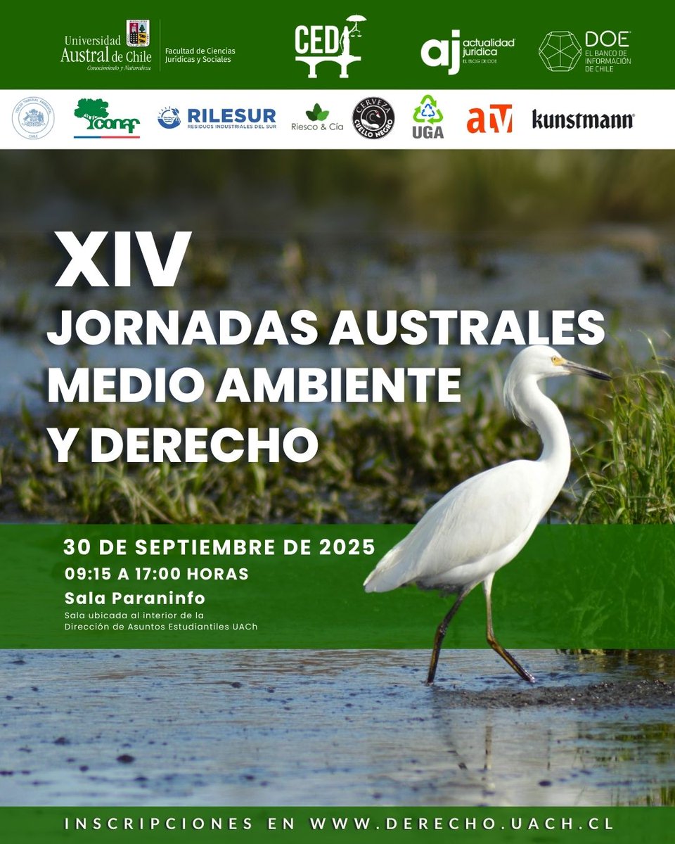 #Agenda | Este 30 de septiembre, acompáñanos en las XIV Jornadas Australes de Medio Ambiente y Derecho.

📍 Sala Paraninfo, DAE UACh 🕘 09:15 a 17:00 hrs 💻Programa e Inscripciones en derecho.uach.cl

#MedioAmbiente #DerechoAmbiental #UACh #Valdiviacl
