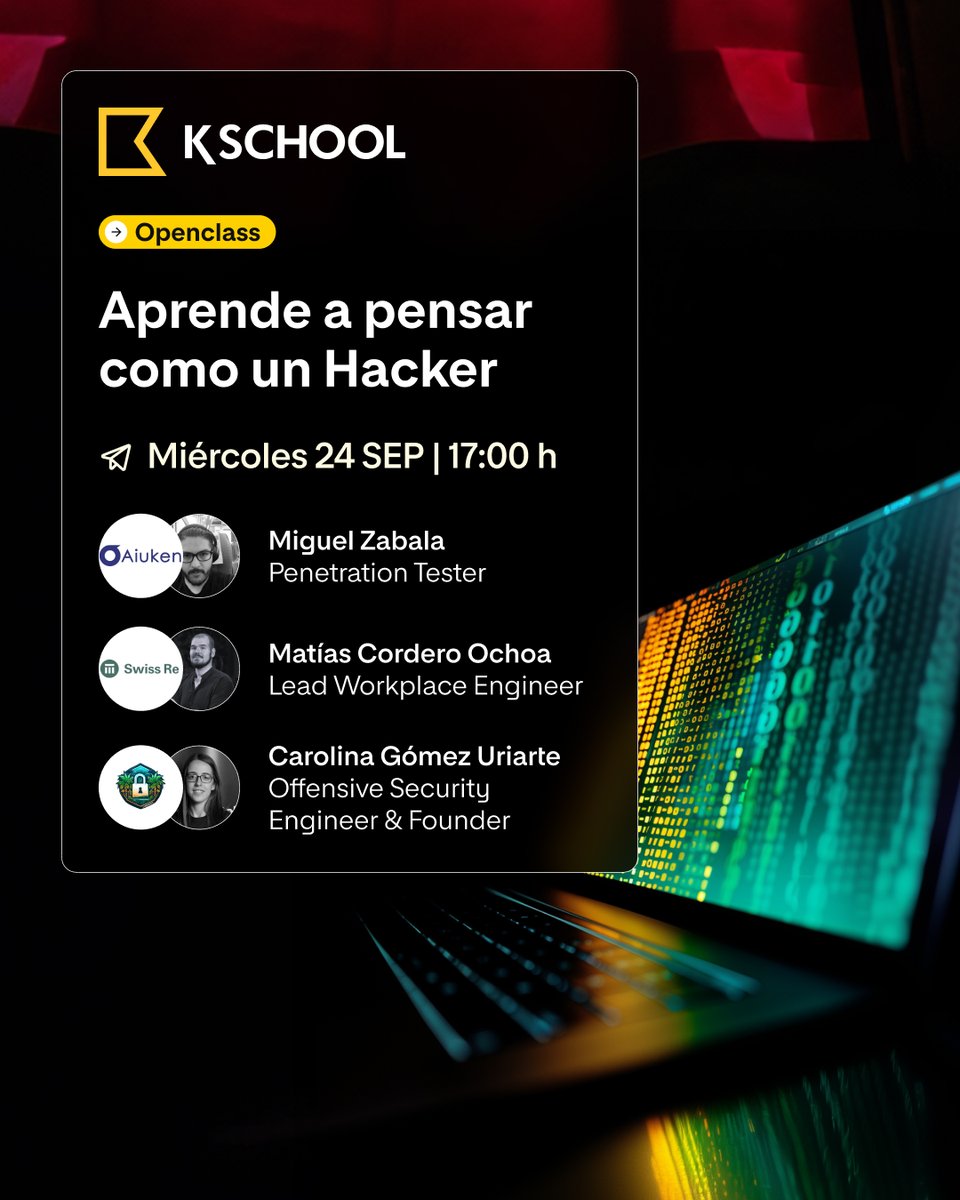 🛡️ Seguridad Ofensiva: Aprende a pensar como un hacker
Expertos de Telefónica Tech, Swiss Re y Aiuken explican errores comunes, mentalidad ofensiva y consejos prácticos.
📅 24/09 — 17:00h (ES) / 10:00h (CO/EC/PE) / 9:00h (MX)
🔗 Inscripción/grabación: cutt.ly/6rVhvQ33