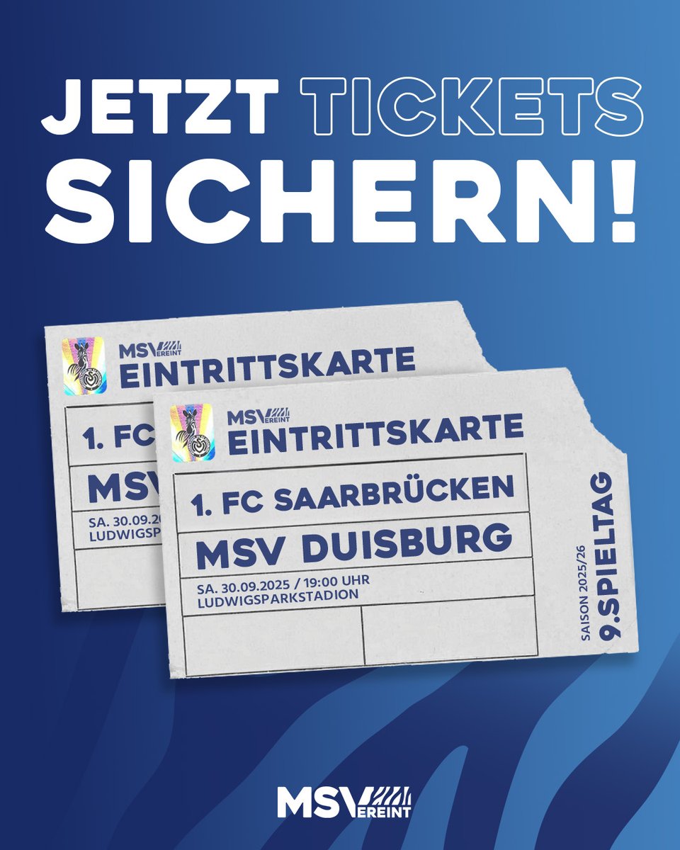 MSVDuisburg's tweet photo. Uff noch Saarbrigge! Ab sofort findet ihr online Tickets für das Auswärtsspiel unserer #Zebras am Dienstag, 30. September, 19 Uhr. 🎟️ℹ️

https://t.co/1QBJEoQxNT

#MSVereint #3Liga #FCSMSV https://t.co/iu3fbaU3R5