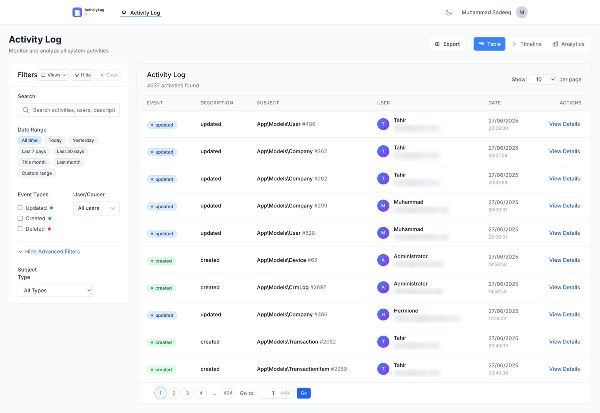 PovilasKorop's tweet photo. NEW Laravel Package!

MuhammadSadeeq/laravel-activitylog-ui: 
UI for Spatie's Activity Log with advanced filtering, analytics, and real-time features 
https://t.co/bvKFfX0D8h https://t.co/c1xazcCPLD