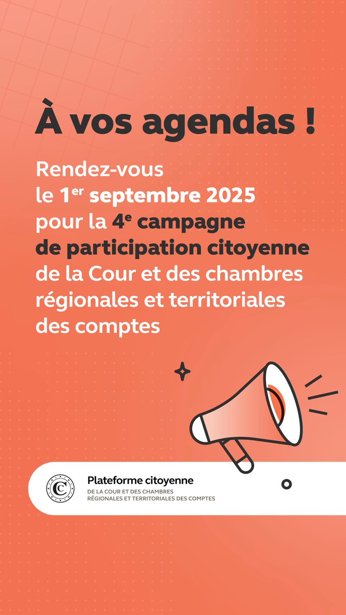 CRCLRM's tweet image. 📢 Plus que quelques jours pour participer !

👉 Vous pouvez encore déposer vos propositions de thématiques de contrôle sur la plateforme citoyenne jusqu&apos;au 𝟯𝟬 𝘀𝗲𝗽𝘁𝗲𝗺𝗯𝗿𝗲 et ainsi contribuer au choix des travaux des juridictions financières.

🔗 participationcitoyenne.ccomptes.fr