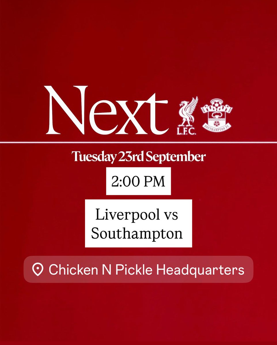 Next up: Our League Cup campaign begins 🔴 

Liverpool vs Southampton ⚽️ 
Tuesday 23 September 🗓️
2:00PM Kick-Off ⏰
Chicken N Pickle NKC 🏟️

YNWA🧣