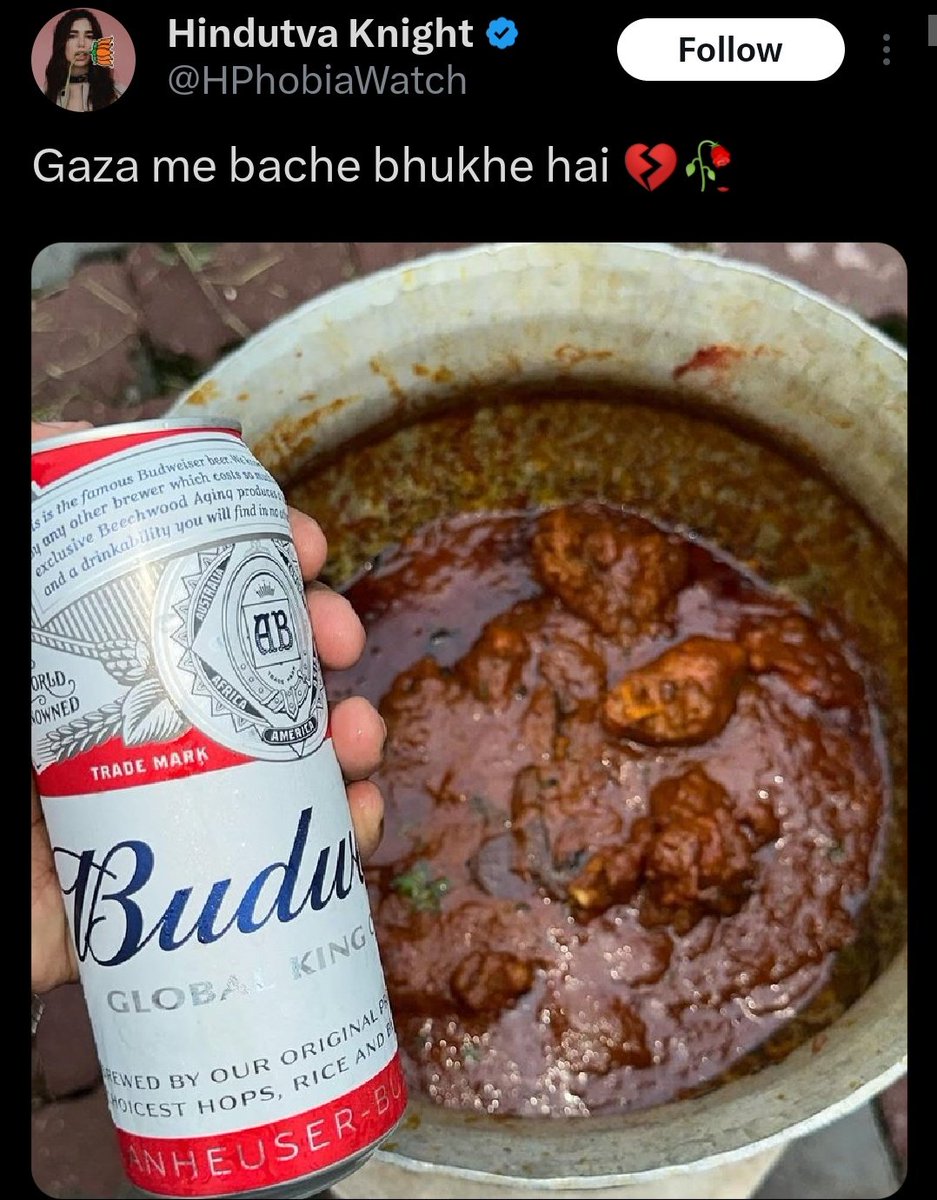 It is a profoundly distressing trend that Hindutva-aligned social media users in India are mocking the tragic deaths of children starving in Gaza. 
This user, <a href="/HPhobiaWatch/">Hindutva Knight</a>, has posted a photo of food and drink, and while mocking the starving children in Gaza, has written: