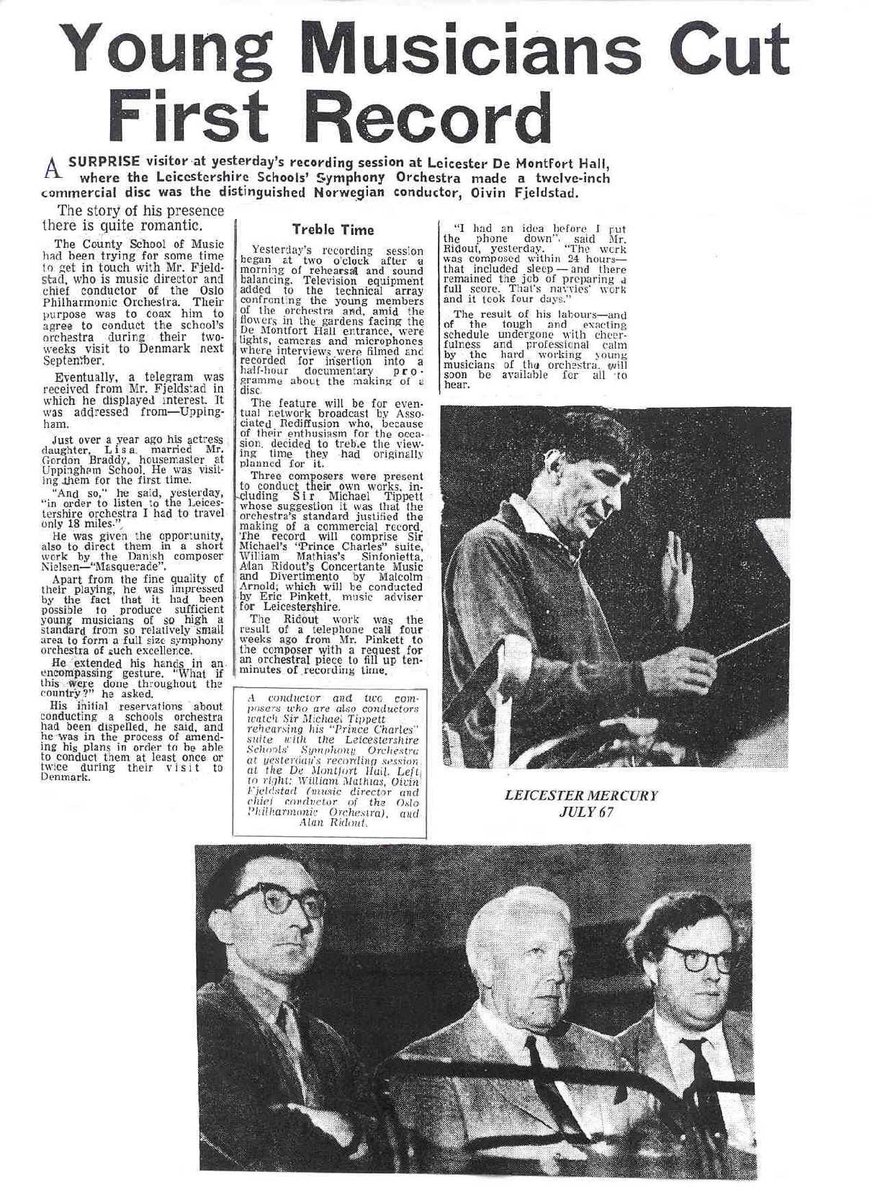 A newspaper report featuring Mathias's work with the Leicestershire Schools Symphony Orchestra in the 1960s (along with Michael Tippett)