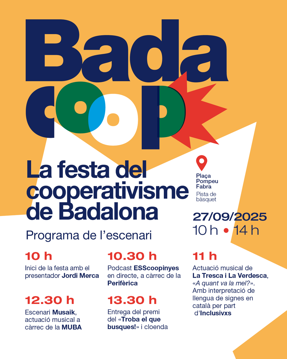 PerifericaBNord's tweet photo. 🤝📷 BADACOOP 2025! La festa de les cooperatives arriba a Badalona!
Aquest dissabte 27 de setembre de 10h a 14h, ens trobem a la Plaça Pompeu Fabra per celebrar el poder de les cooperatives! 📷
#BadaCoop #Badalona #Cooperatives 📷🧵 https://t.co/KTAhKkF5vk