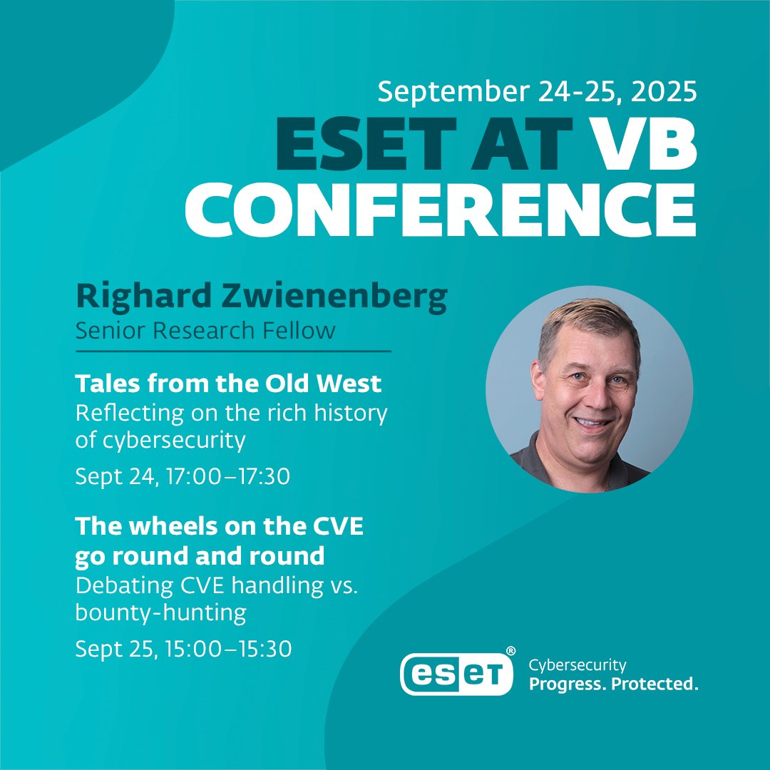 Two exciting panels featuring #ESETresearch’s Righard Zwienenberg at #VB2025 in Berlin <a href="/virusbtn/">Virus Bulletin</a> - from stories of the past to debates about the future of vulnerability handling. Here's what to expect 👇<a href="/RighardZw/">Righard Zwienenberg</a> 1/3