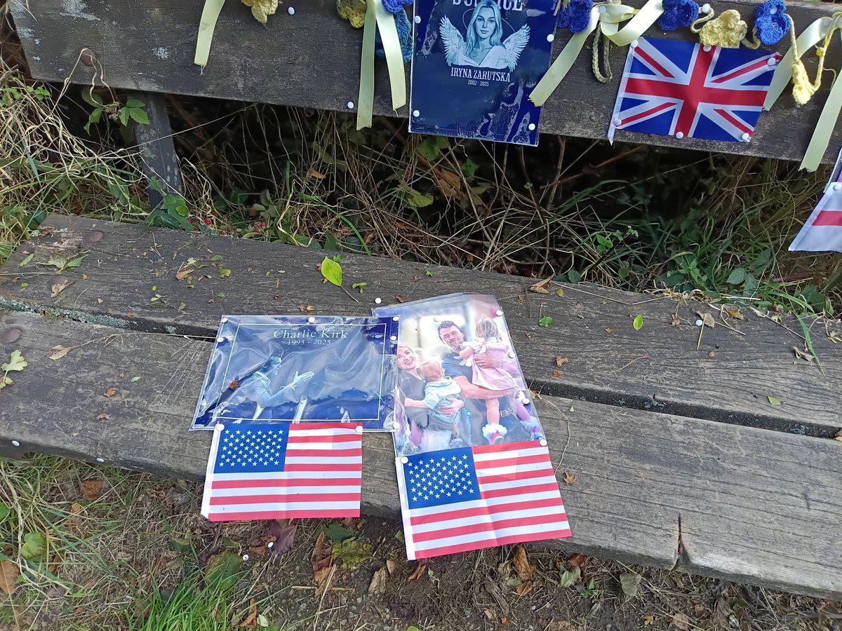 Charlie Kirk &amp; Iryna Zarutska mementos -  not America but a bench in the UK. This area of the UK has very few non white residents.Depressing.
